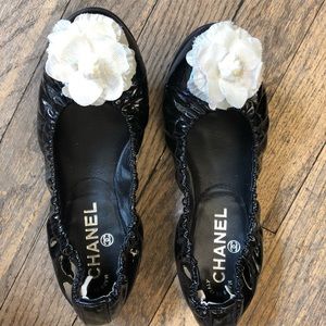 Chanel black ballet flats w/ white camelia flower